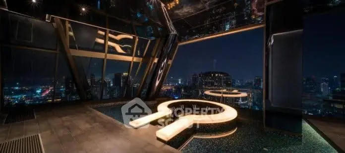 Luxurious rooftop pool with stunning city skyline view at night.