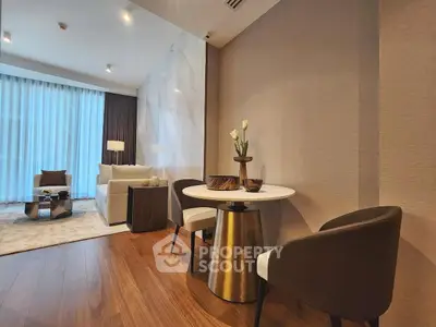 Modern living room with elegant dining area and stylish decor