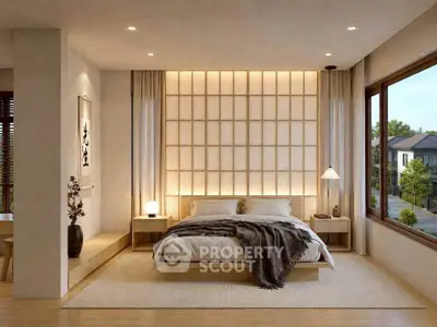 Luxurious bedroom with modern design and large window offering serene neighborhood view.