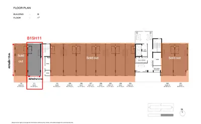 First floor plan of Building B showcasing available and sold units with detailed layout.