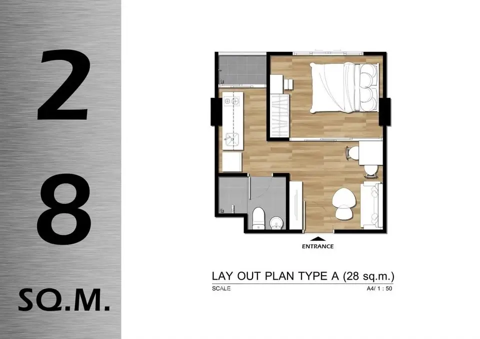 Modern 28 sq.m. apartment layout with bedroom, kitchen, and bathroom.