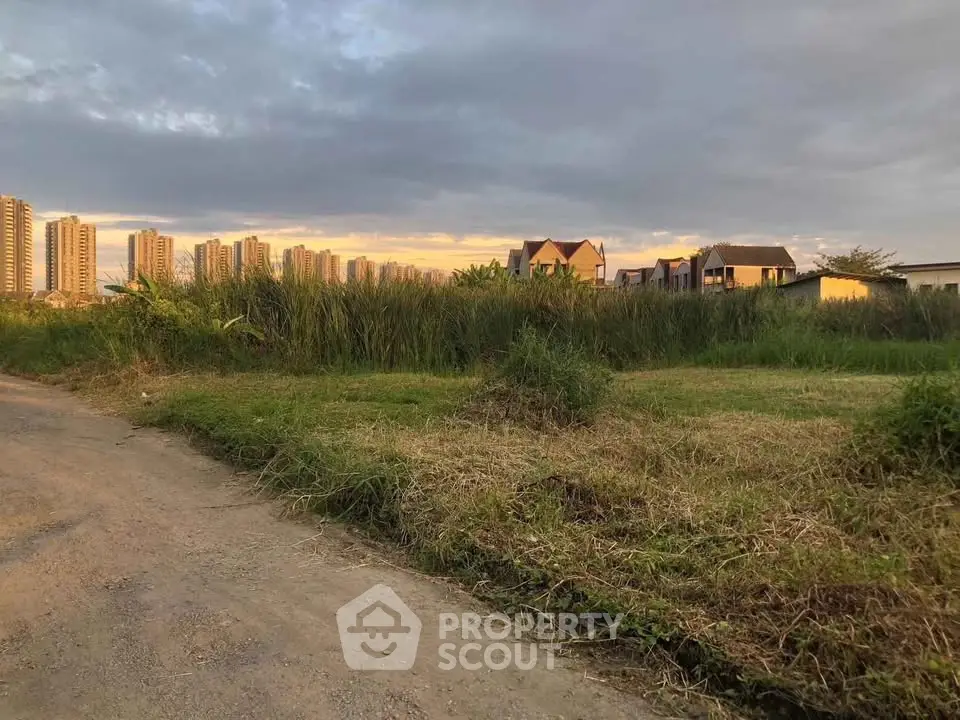 Scenic view of residential area with lush greenery and distant city skyline at sunset.