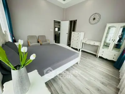 Spacious bedroom with elegant decor and modern furnishings, featuring a comfortable bed and stylish storage solutions.