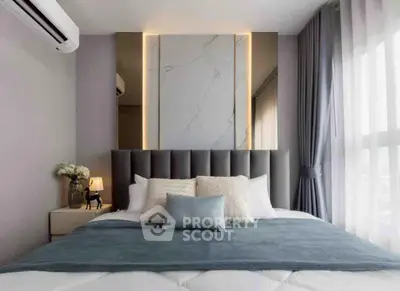 Luxurious bedroom with elegant decor and natural light, featuring plush bedding and modern design elements.