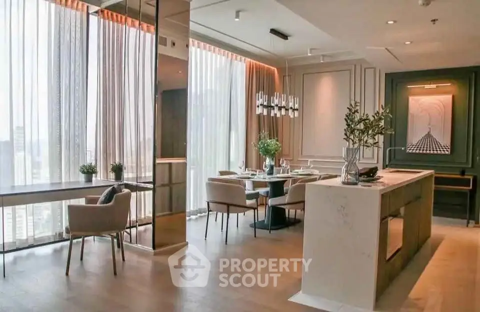 Luxurious modern dining area with floor-to-ceiling windows and elegant decor