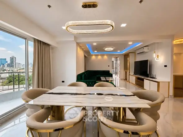 Luxurious open-plan living and dining area with city view, modern lighting, and elegant furnishings.
