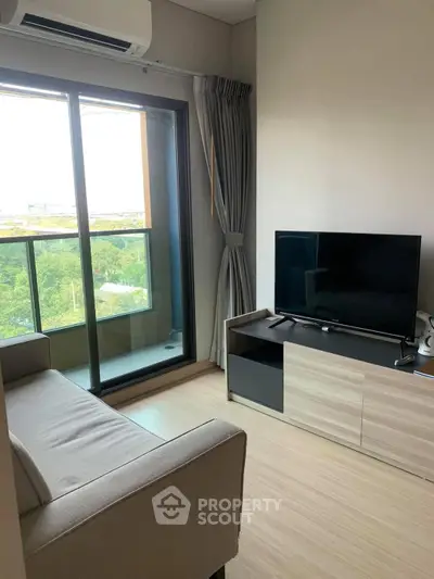 Modern living room with balcony view and sleek furniture