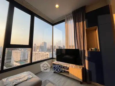 Modern living room with panoramic city view and stylish furniture