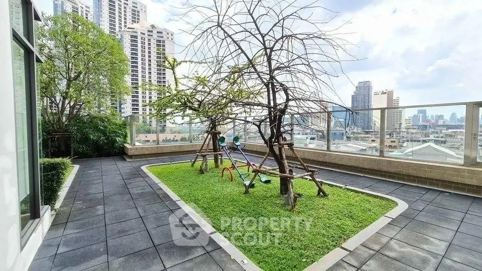 Stunning rooftop garden with city skyline views and lush greenery.