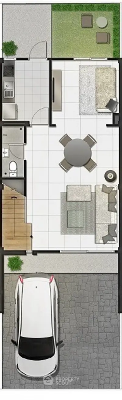 Modern open-plan layout with kitchen, living area, and carport in a stylish floor plan design.