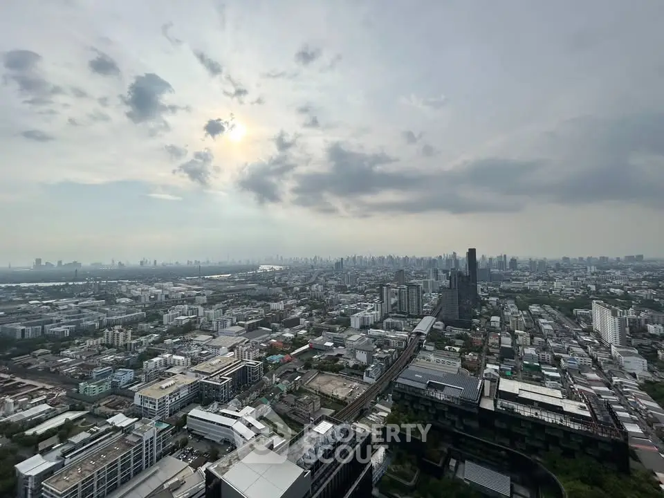 Stunning panoramic cityscape view from high-rise building showcasing urban skyline and distant horizon.