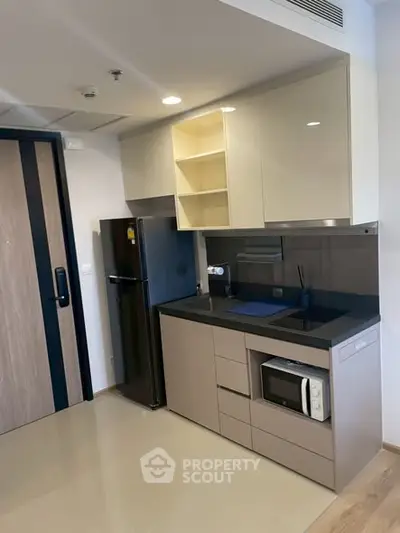 Modern compact kitchen with sleek cabinetry and appliances in a stylish apartment.