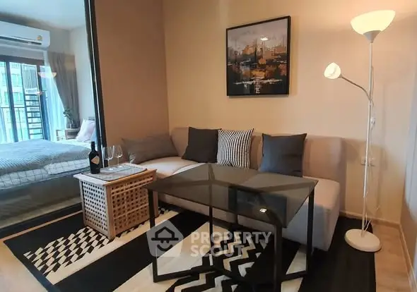 Modern living room with stylish decor and cozy seating area