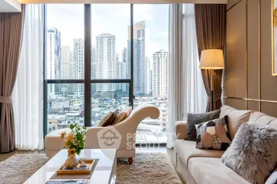 Luxurious living room with stunning city view and elegant decor