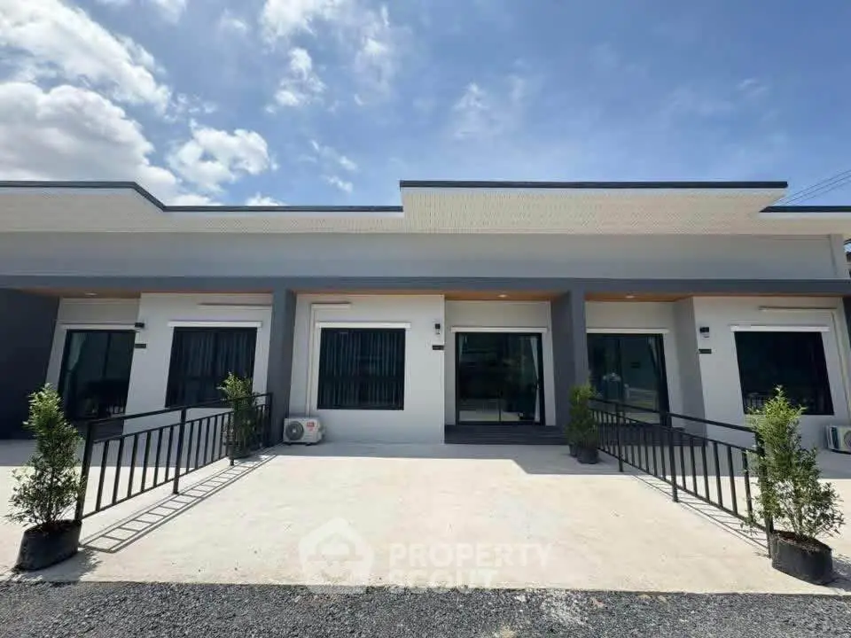 Modern single-story building with sleek design and large windows under a clear blue sky.
