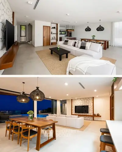 Luxurious open-plan living room with modern decor and spacious dining area