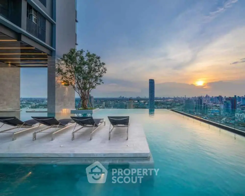 Luxurious rooftop infinity pool with stunning city skyline view at sunset.