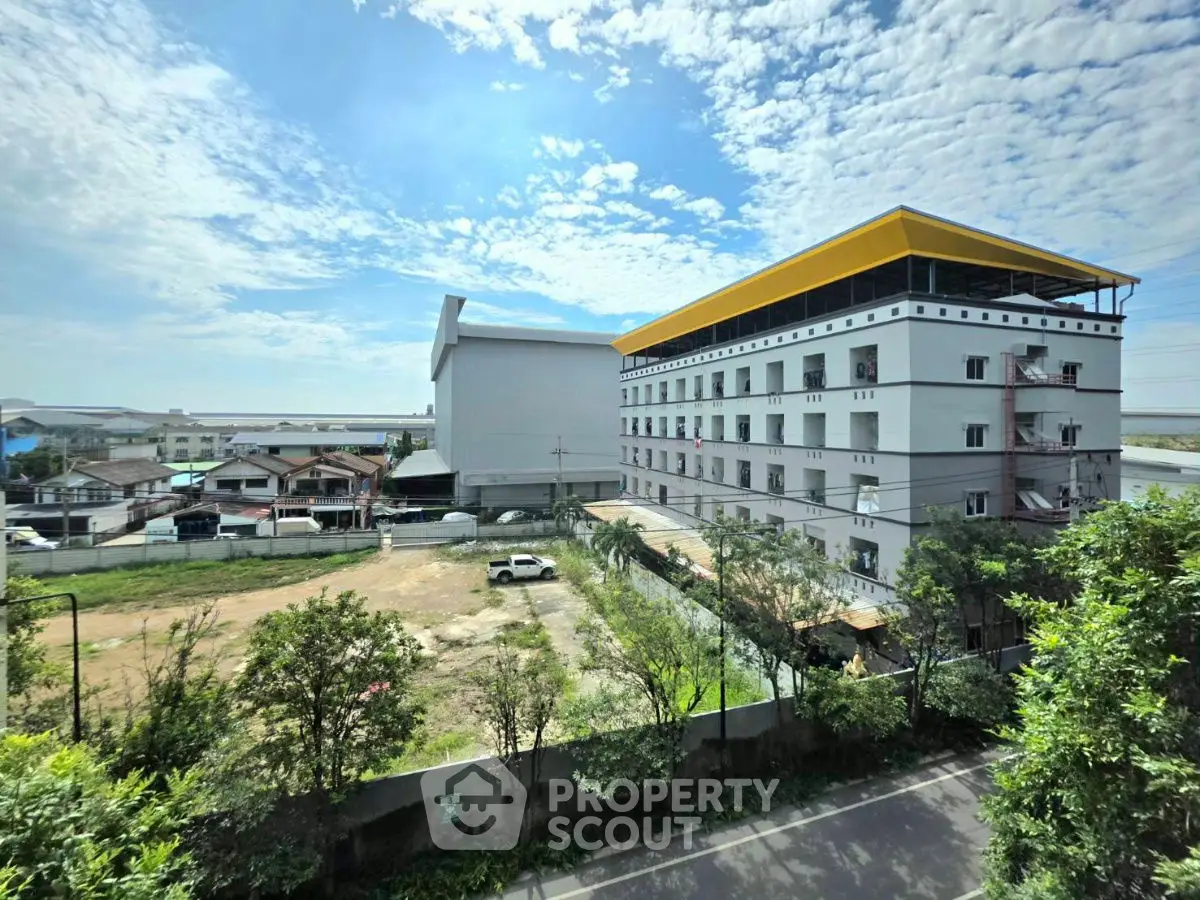 Modern building with yellow roof and clear blue sky view