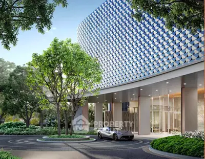 Luxurious modern building entrance with sleek car and lush landscaping