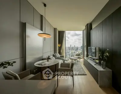 Luxurious modern living room with stunning city view and elegant decor