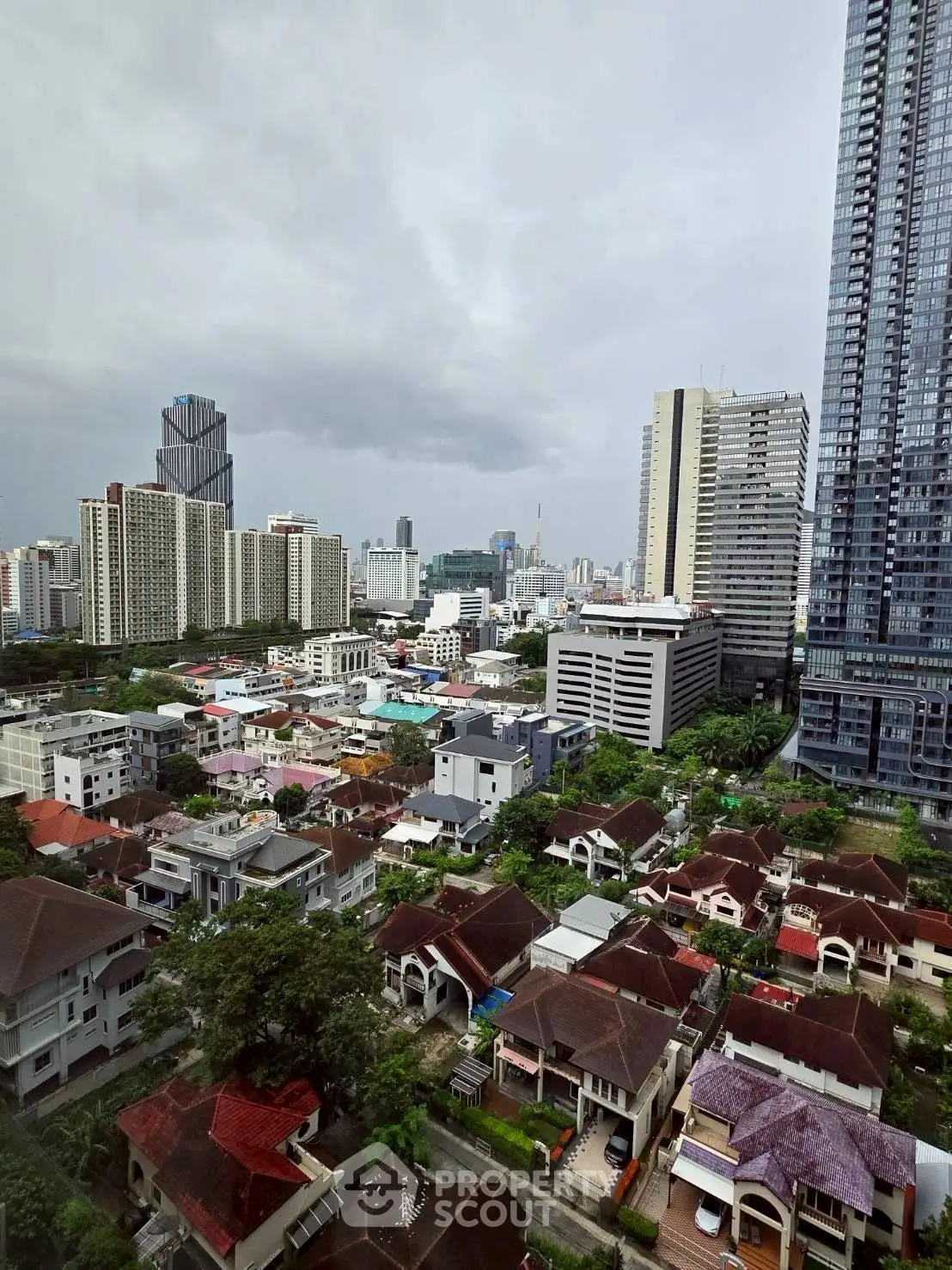 Stunning cityscape view with high-rise buildings and charming residential area.