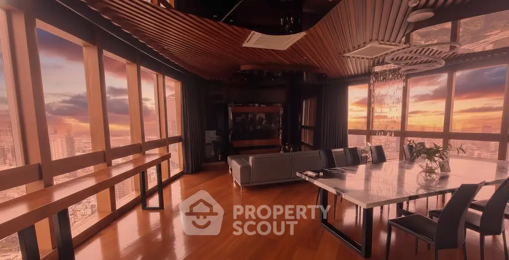 Luxurious penthouse living room with panoramic city views and elegant dining area.