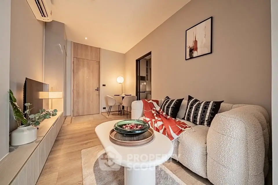 Cozy modern living room with stylish decor and warm lighting