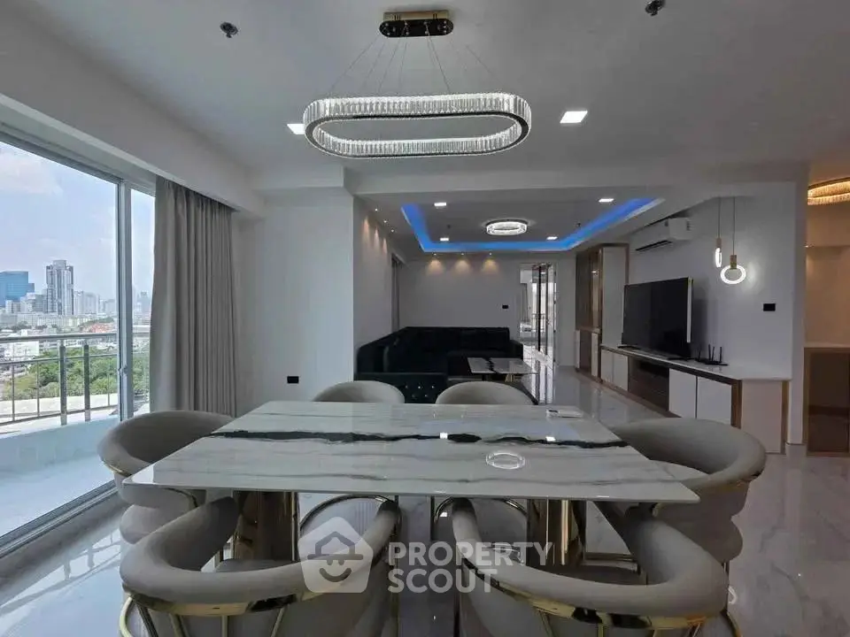 Luxurious modern living room with elegant dining area and stunning city view.