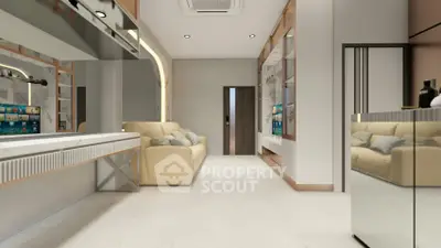 Modern living room with sleek design and neutral tones, featuring a comfortable sofa and stylish decor.