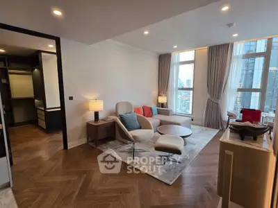 Luxurious modern living room with city view, elegant furniture, and stylish decor