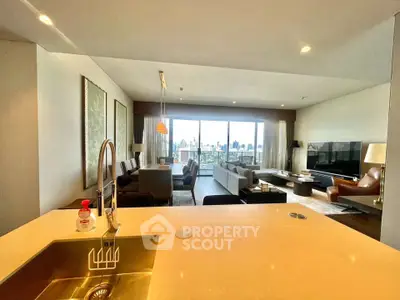 Spacious modern living room with city view and open kitchen layout