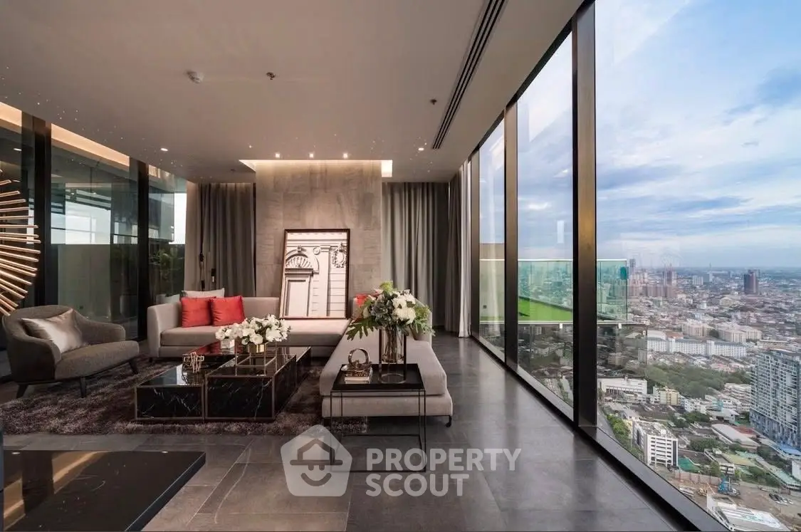 Luxurious living room with panoramic city view and modern decor
