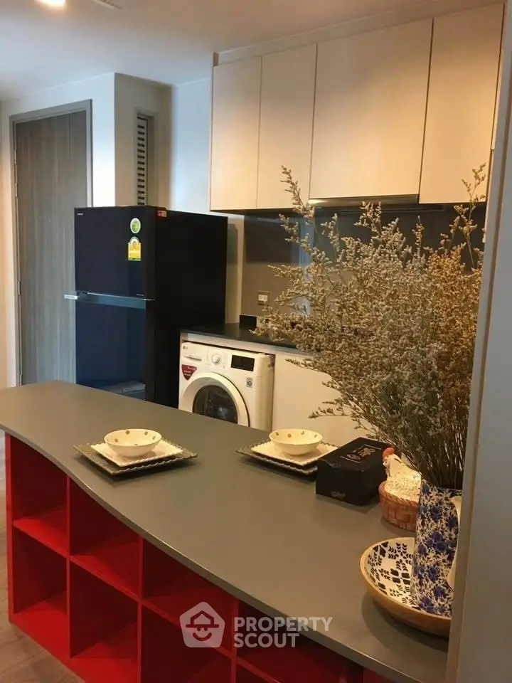 Modern kitchen with sleek cabinets and appliances, featuring a washing machine and stylish decor.