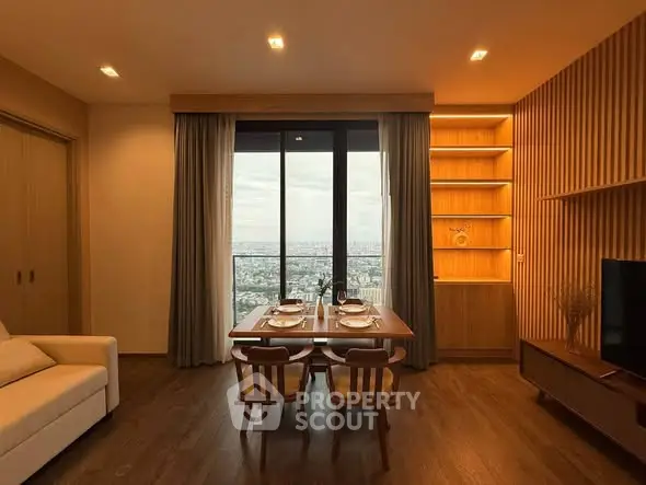 Elegant dining area with city view, wooden accents, and cozy lighting.