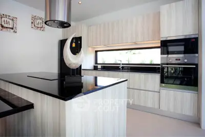 Modern kitchen with sleek black countertops and built-in appliances