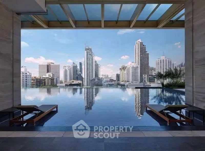 Luxurious rooftop infinity pool with stunning city skyline view, perfect for urban living enthusiasts.