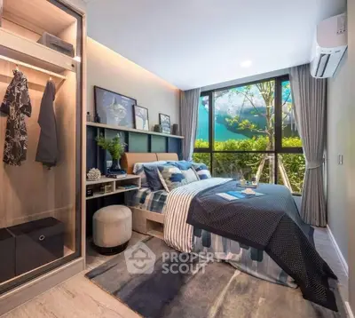 Modern bedroom with large window and stylish decor, featuring a cozy bed and built-in wardrobe.