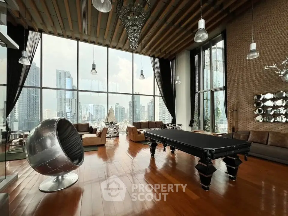 Luxurious penthouse living room with high ceilings and stunning city views