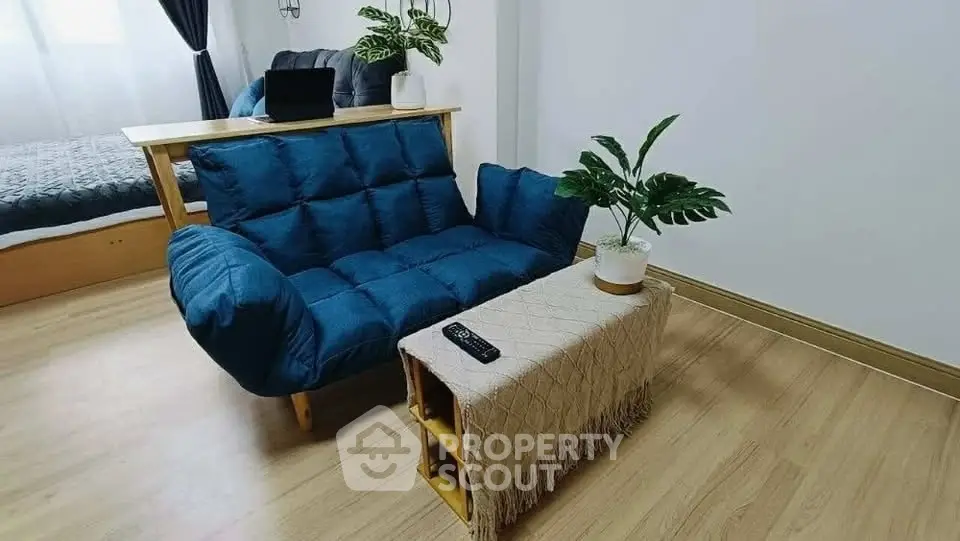 Cozy living room with blue sofa and modern decor