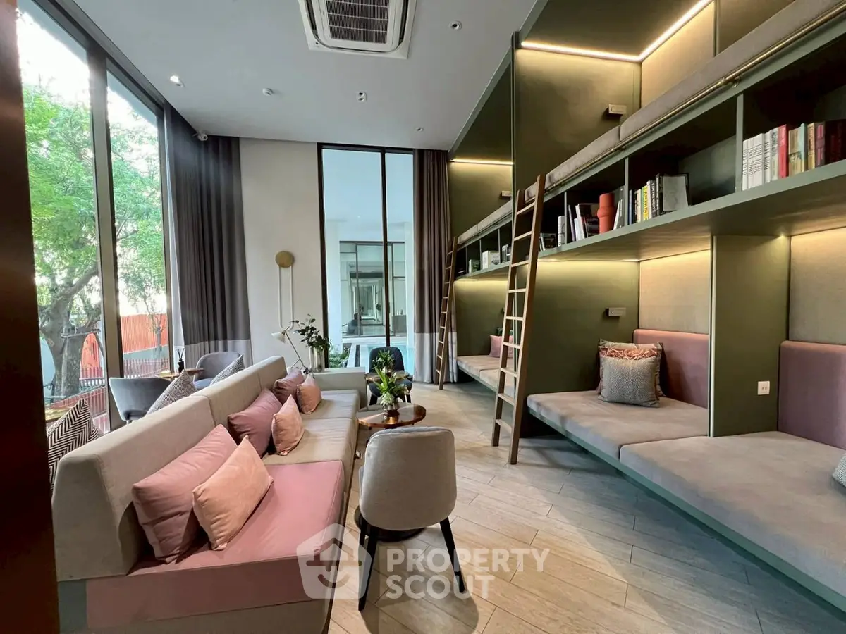 Stylish modern living room with built-in seating and large windows