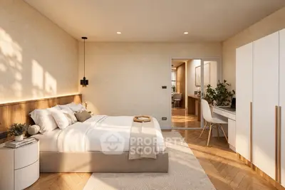 Luxurious bedroom with modern decor, featuring a cozy bed, stylish lighting, and elegant wooden flooring.