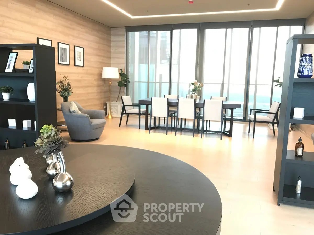 Spacious modern living room with elegant dining area and stylish decor