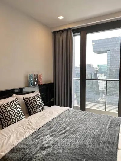 Modern bedroom with city view and stylish decor in high-rise apartment