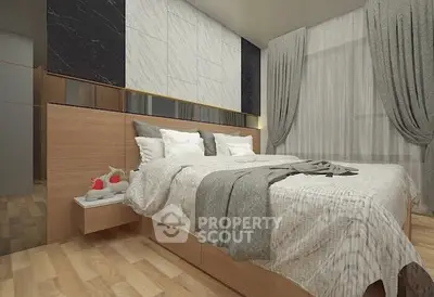 Modern bedroom with stylish decor and cozy ambiance, featuring elegant curtains and a comfortable bed.