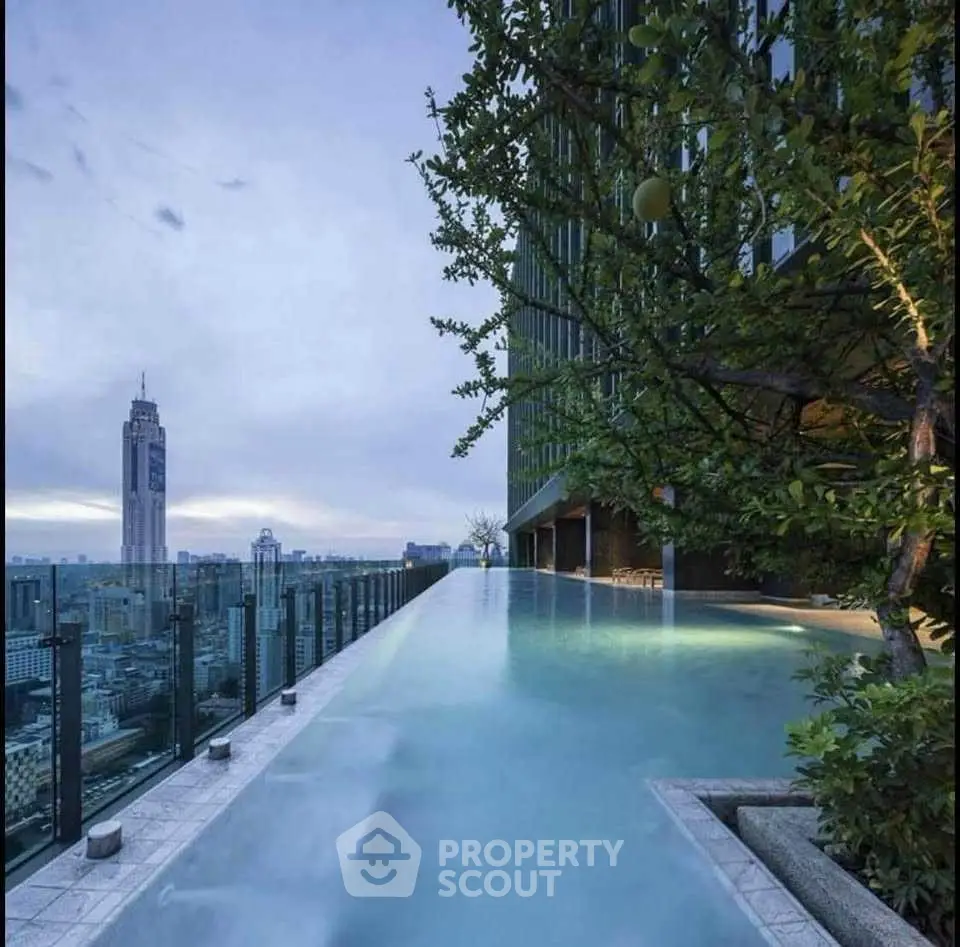 Luxurious rooftop infinity pool with stunning city skyline view at sunset.