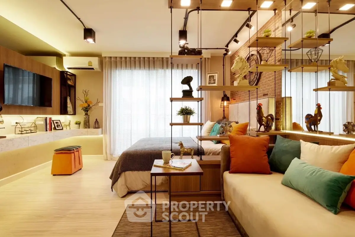 Stylish modern living room with open layout and vibrant decor