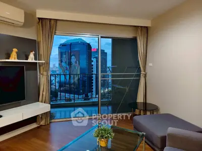 Modern living room with city view and stylish decor