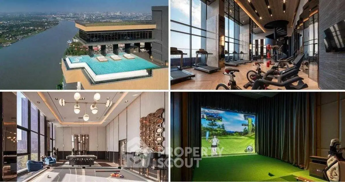Luxurious high-rise amenities with rooftop pool, modern gym, elegant lounge, and virtual golf room.