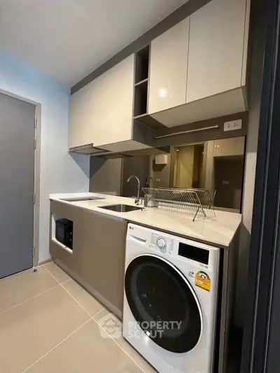 Modern kitchen with sleek cabinetry and built-in washing machine in a compact space.