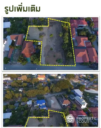 Aerial view of residential land plot with outlined boundaries in a suburban neighborhood.